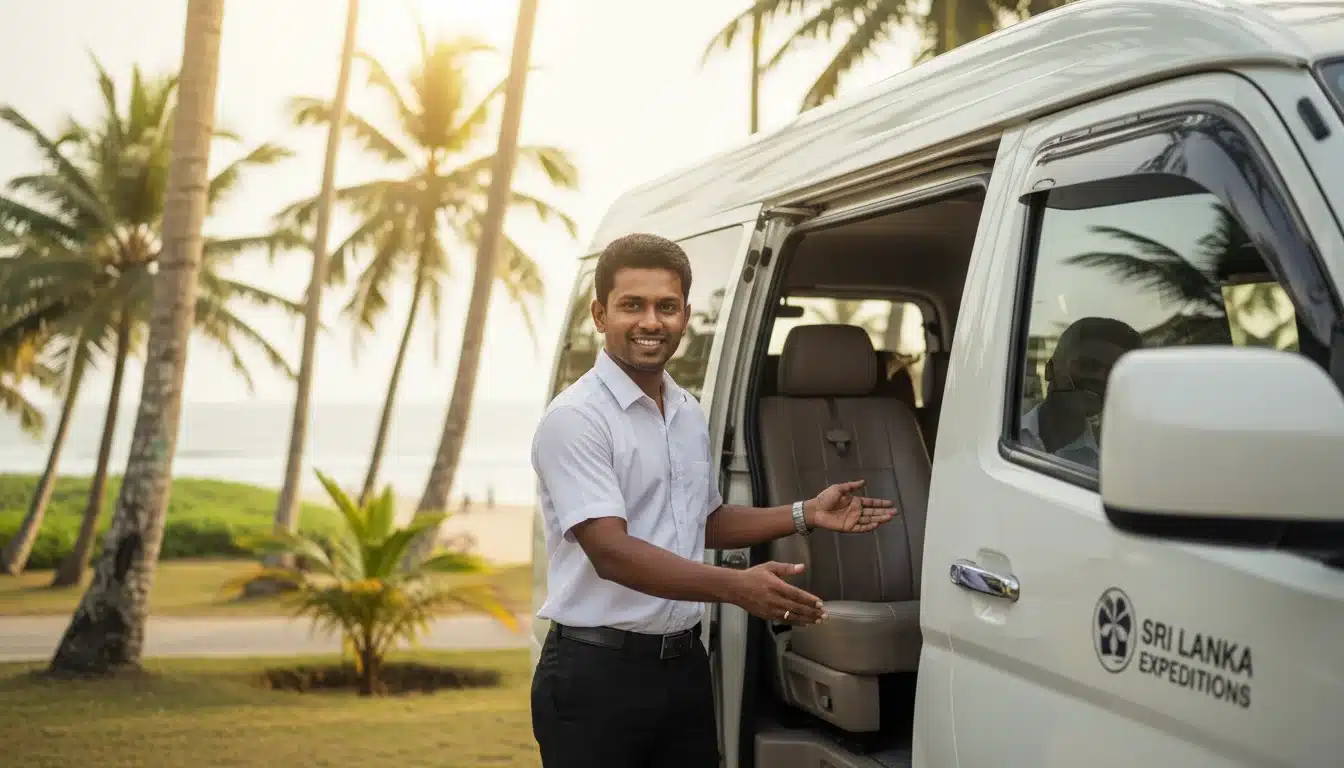 Professional private driver in Sri Lanka welcoming tourists to their vehicle