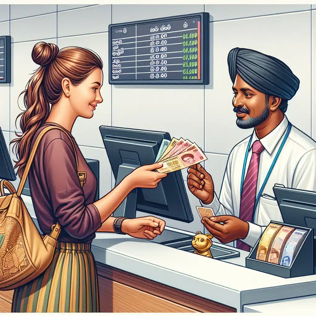Traveler exchanging Sri Lanka currency at a bank.